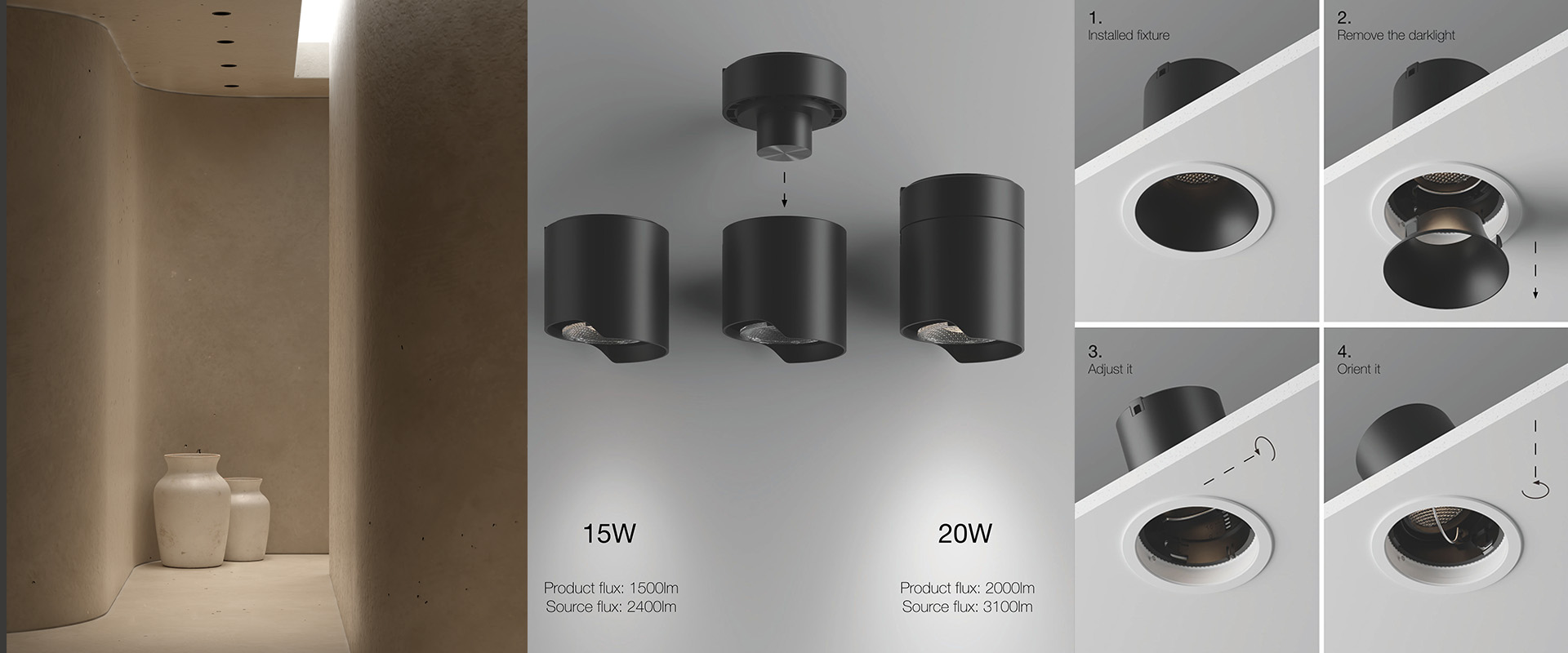  Recessed lights for hotels with a standard 15W engine and modular system: assembly of the finished product is very simple.