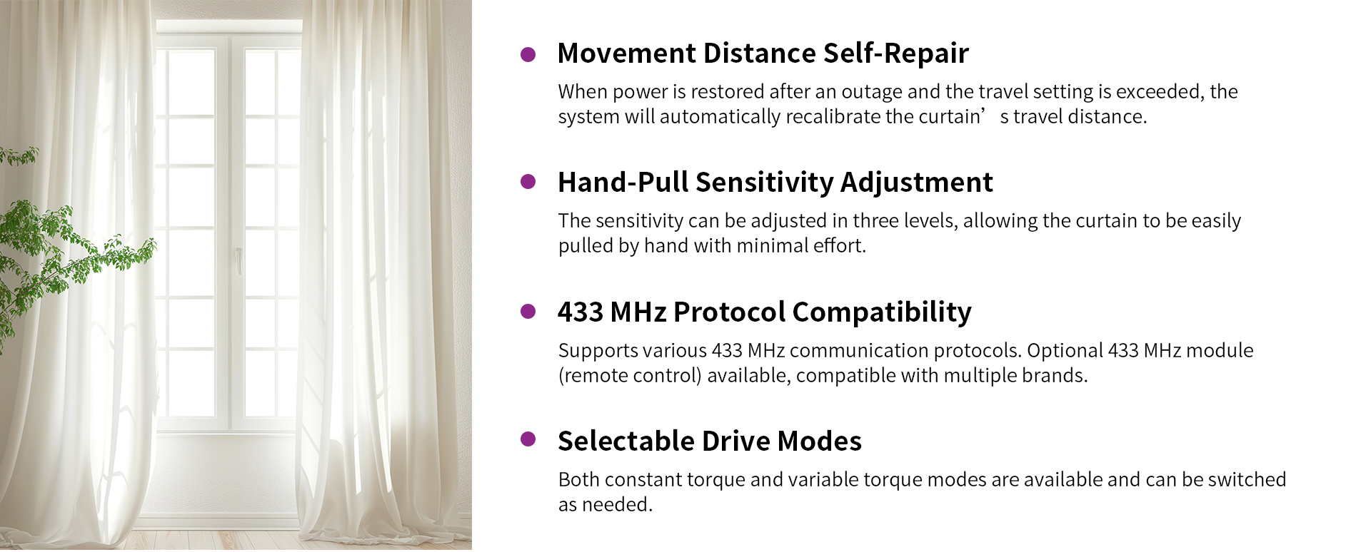 Curtain motor with movement distance self-repair, adjustable hand-pull sensitivity, 433 MHz compatibility, and selectable drive modes.jpg
